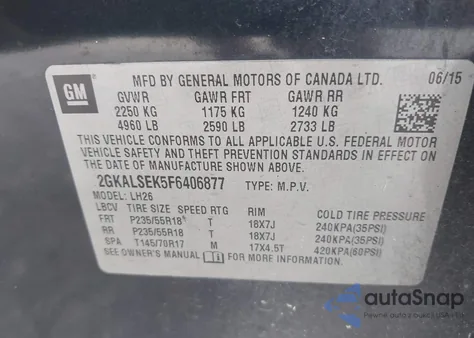 2015 GMC Terrain Slt-1 z USA, uszkodzony, nr VIN 2GKALSEK5F6406877